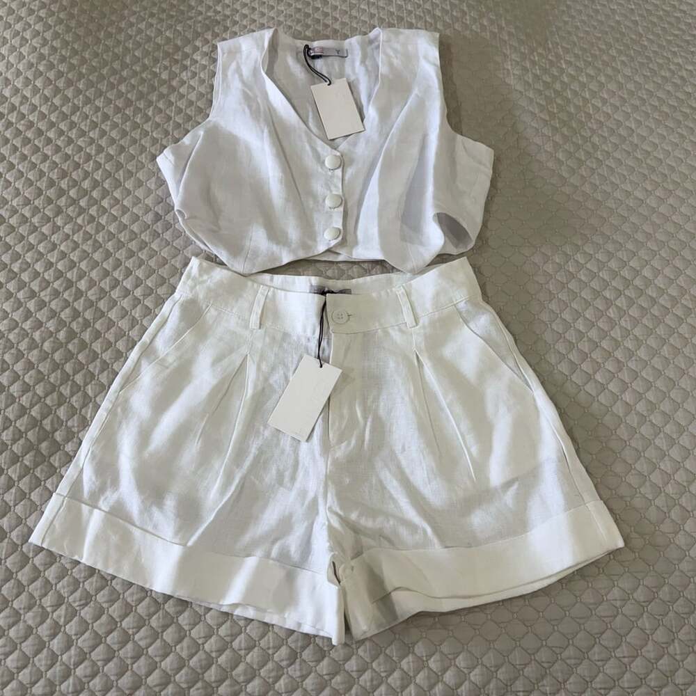 HMP White Linen Vest Top and Pleated Cuffed Shorts Set